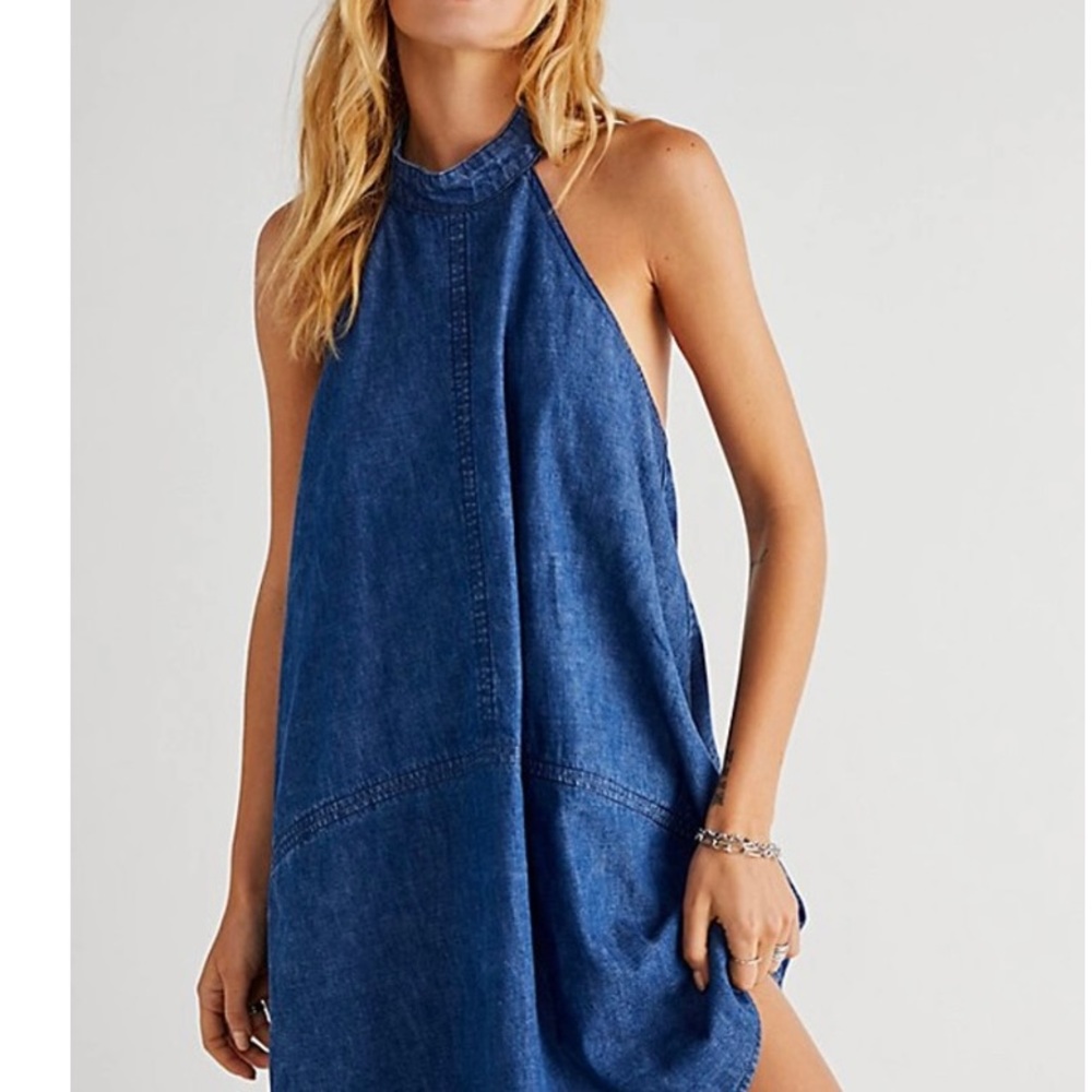 Free People Washed Denim Halter Mini Dress in Blue